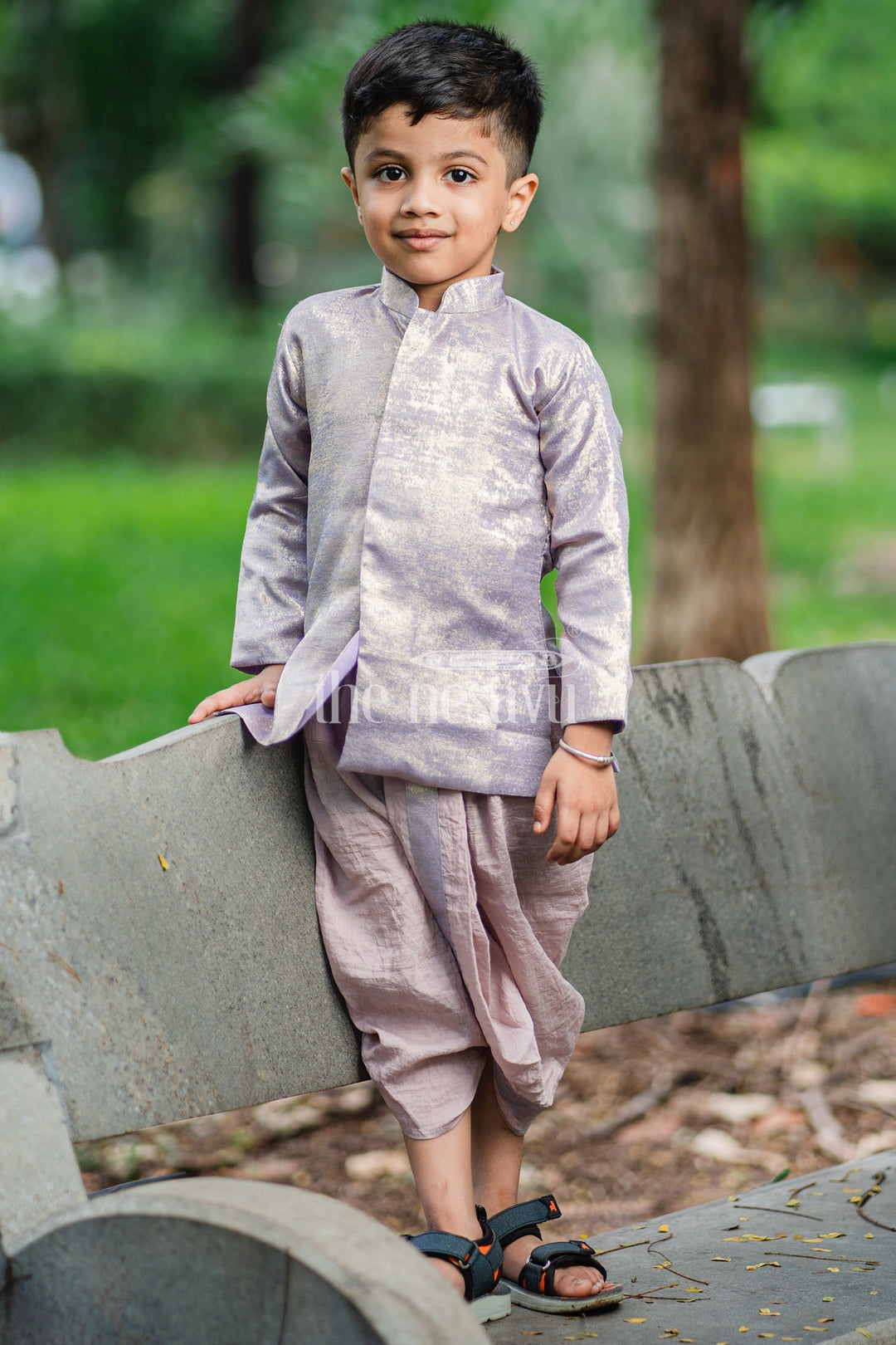 Boys Dothi Set with Rose Gold Kurta and Pink Dothi for Festive Occasions