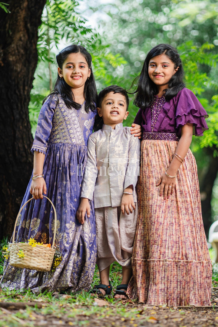 Boys Dothi Set with Rose Gold Kurta and Pink Dothi for Festive Occasions