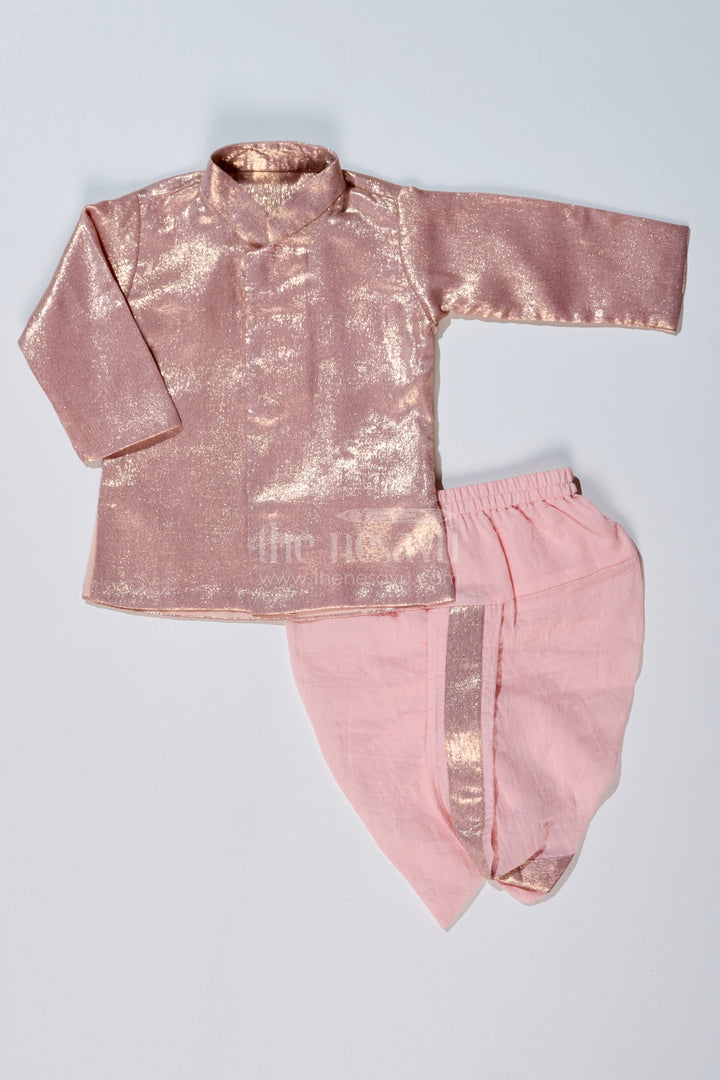 Boys Pink and Gold Silk Dhoti Set with Shimmering Festive Kurta