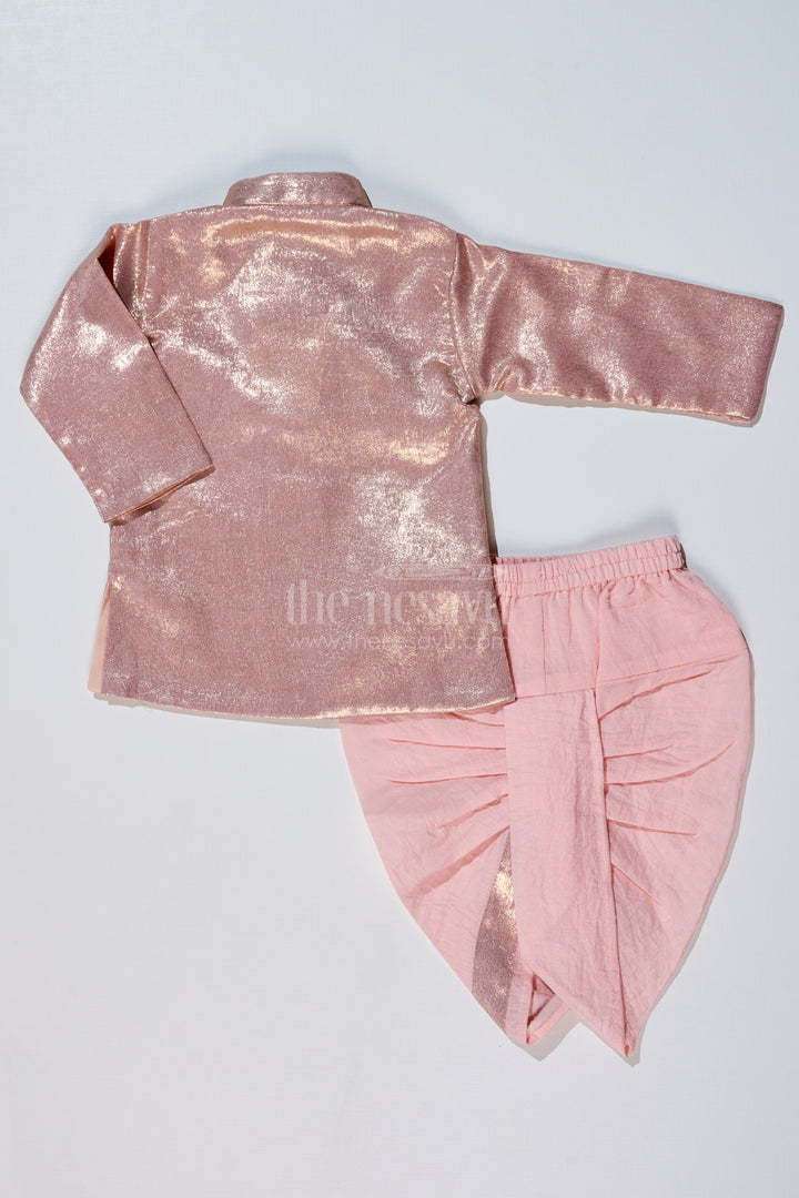 Boys Pink and Gold Silk Dhoti Set with Shimmering Festive Kurta