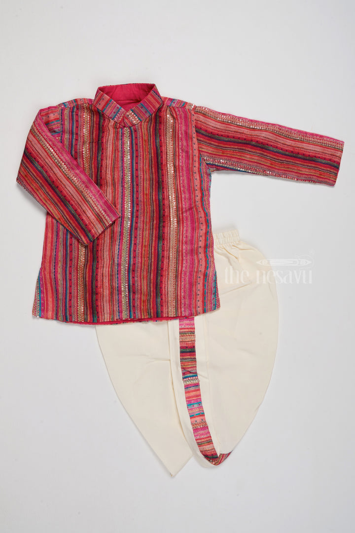 Boys Festive Cotton Dhoti Set with Red Multicolor Striped Kurta