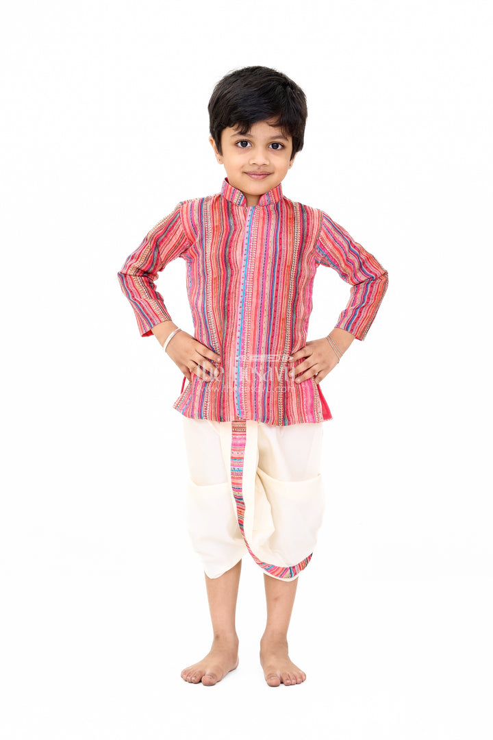 Boys Festive Cotton Dhoti Set with Red Multicolor Striped Kurta