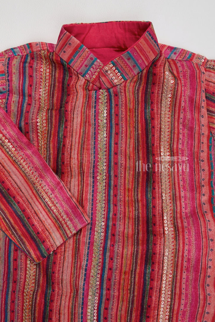 Boys Festive Cotton Dhoti Set with Red Multicolor Striped Kurta