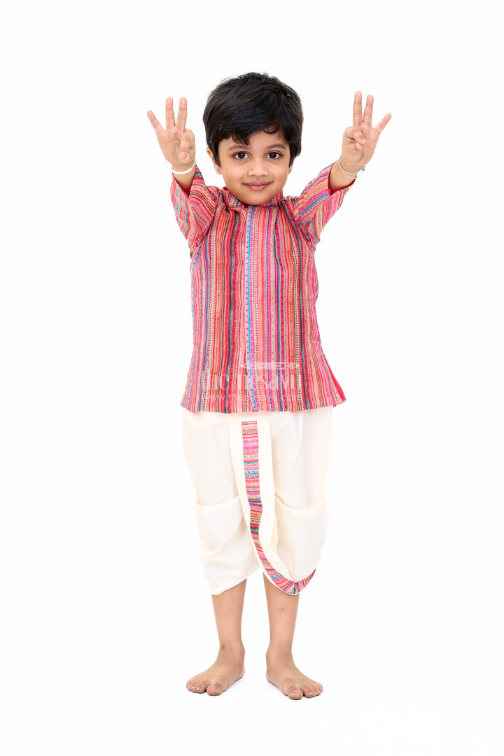 Boys Festive Cotton Dhoti Set with Red Multicolor Striped Kurta