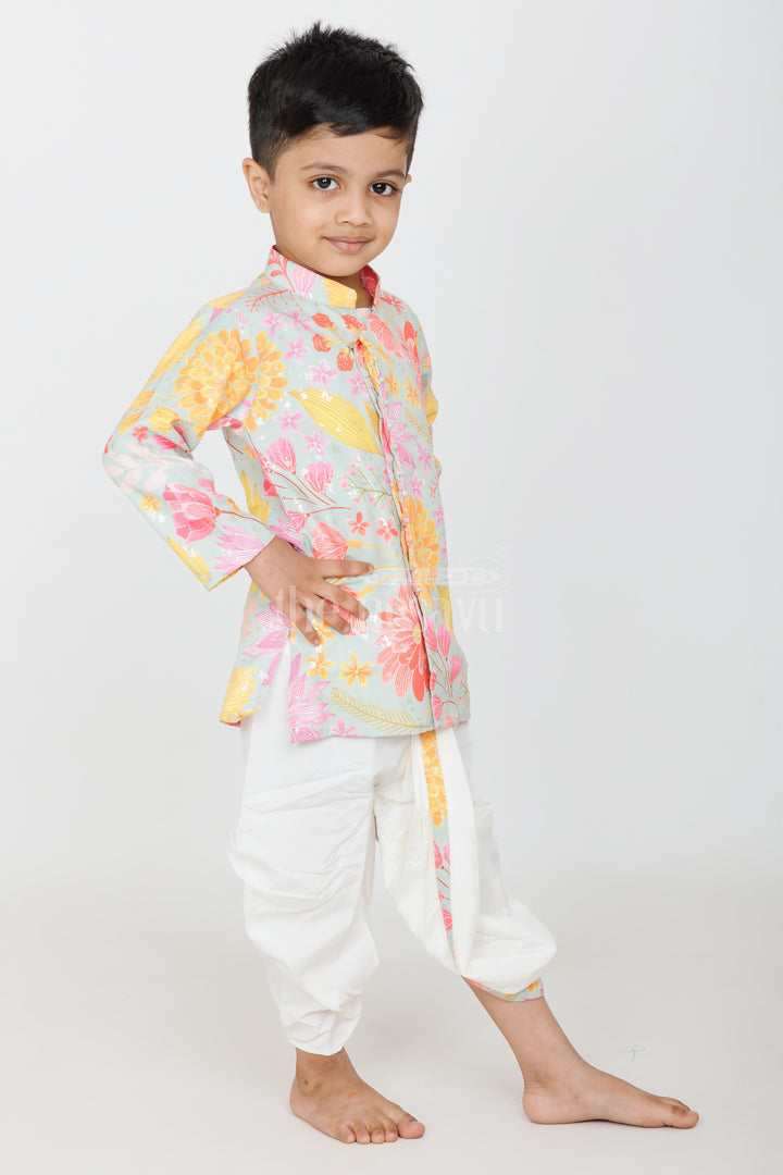 Boys Multicolor Kurtha and Dhoti Set with Floral Cotton Blended Prints