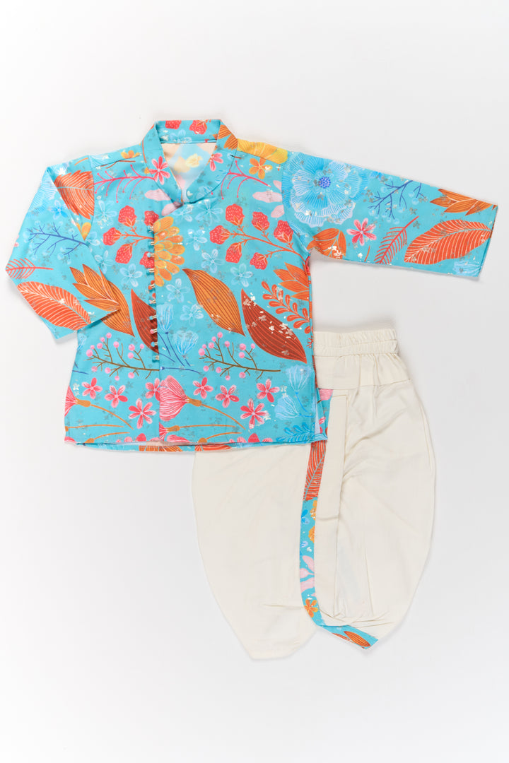 Boys Aqua Dothi Dress for Kids with Floral Cotton Blended Kurtha