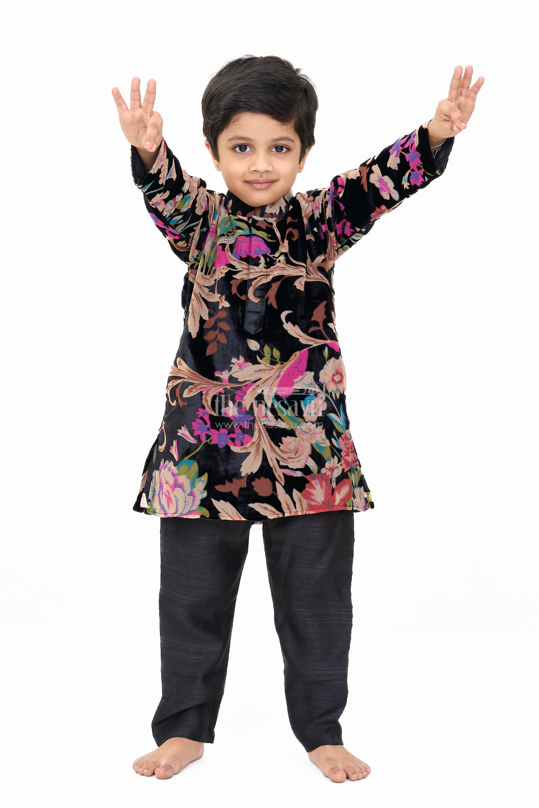 Boys Black Velvet Brazzo Casual Wear with Floral Print and Comfortable Pants