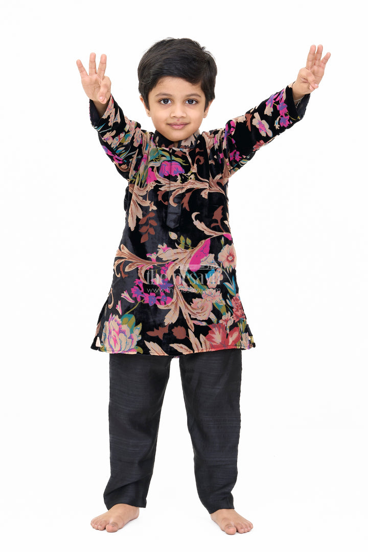 Boys Black Velvet Brazzo Casual Wear with Floral Print and Comfortable Pants