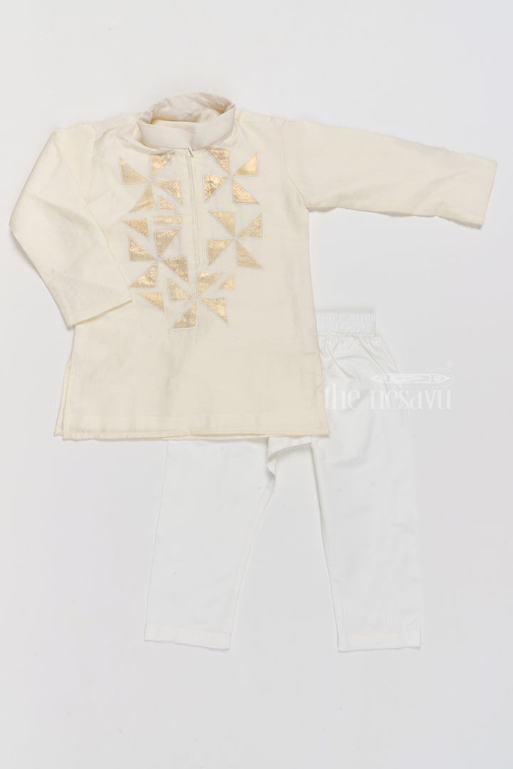 Boys Ivory Cotton Kurta Set with Elegant Gold Embroidered Triangle Design