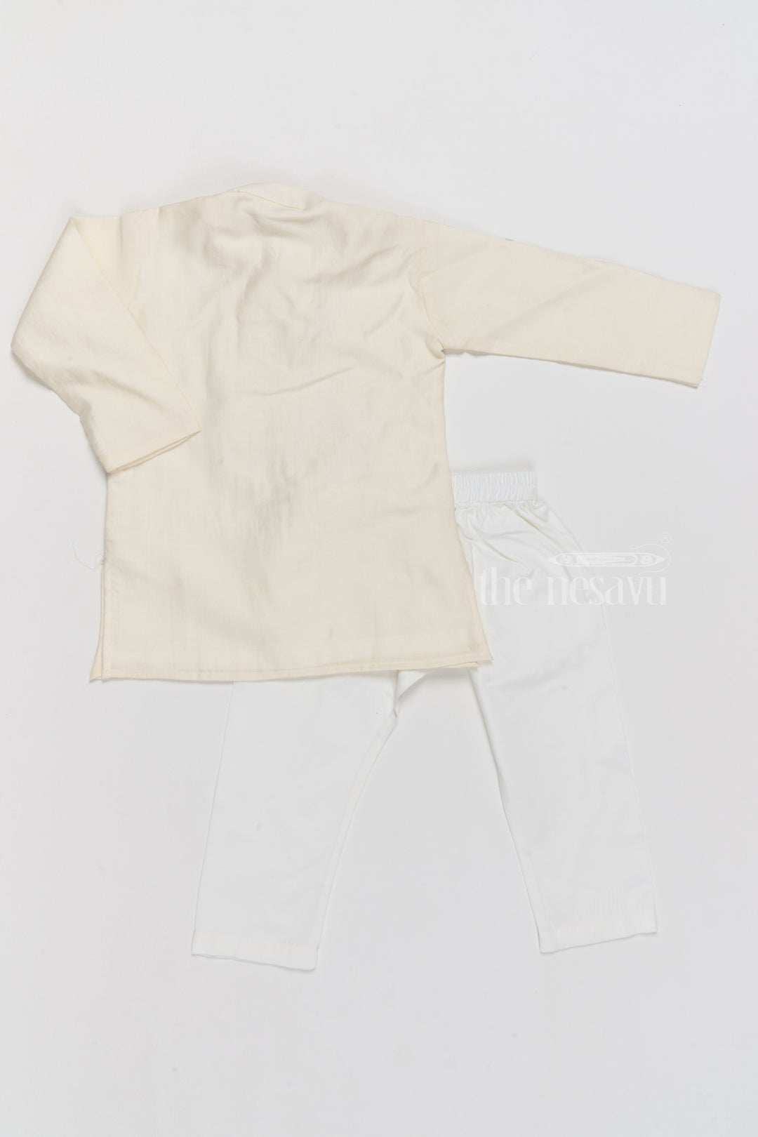 Boys Ivory Cotton Kurta Set with Elegant Gold Embroidered Triangle Design