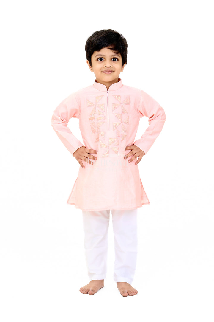 Boys Pink Cotton Kurta with Subtle Embroidery and White Pants for Traditional Wear