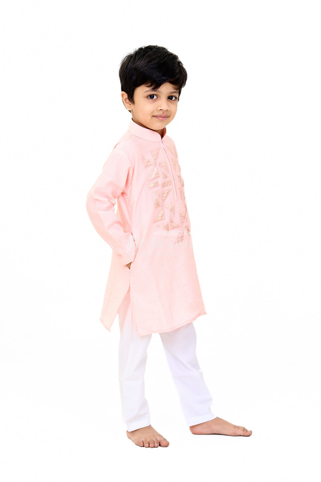 Boys Pink Cotton Kurta with Subtle Embroidery and White Pants for Traditional Wear