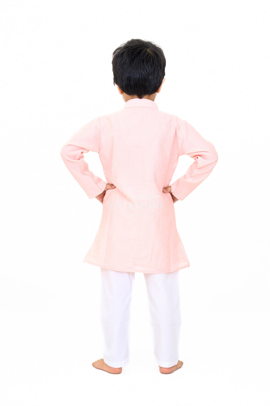 Boys Pink Cotton Kurta with Subtle Embroidery and White Pants for Traditional Wear