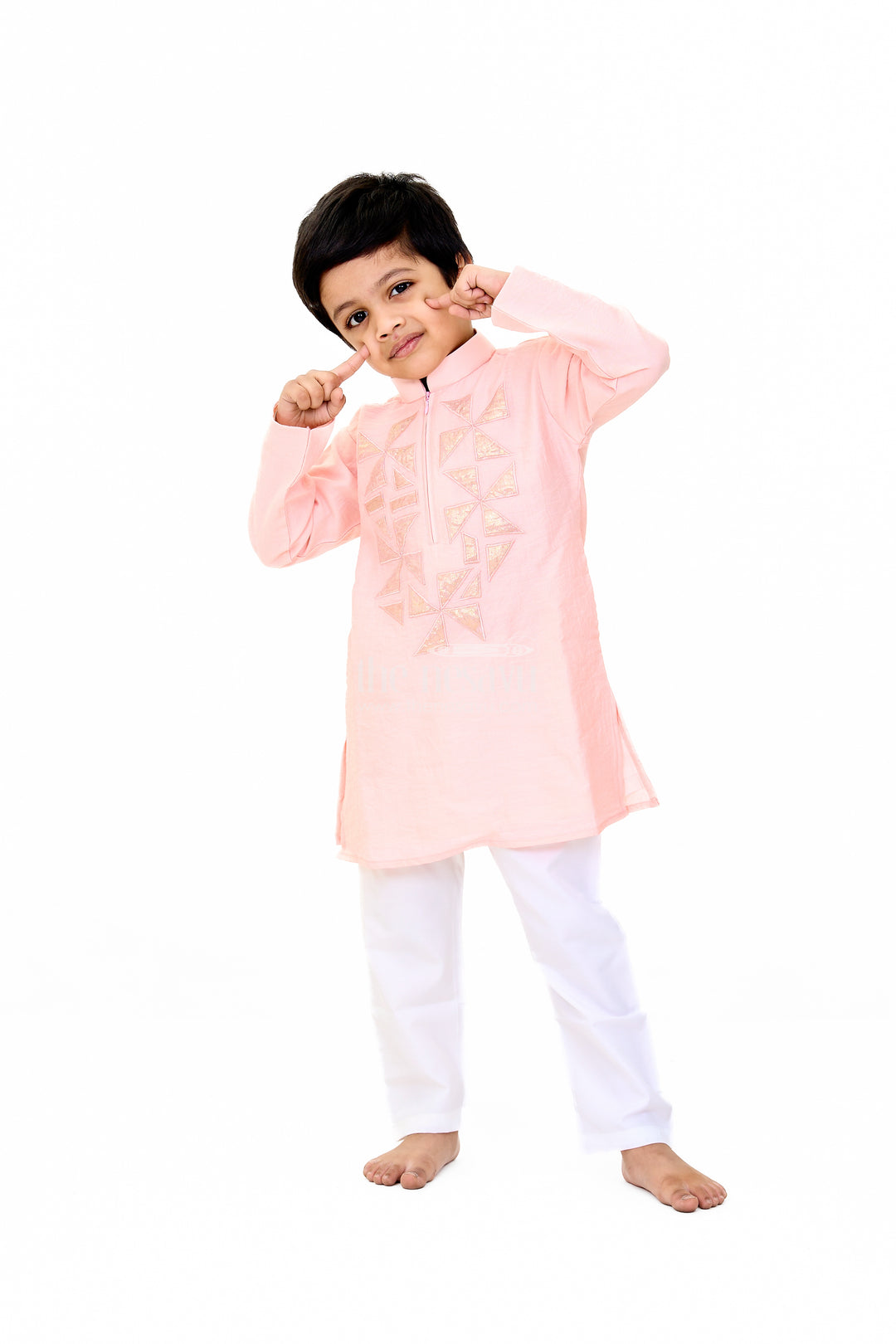 Boys Pink Cotton Kurta with Subtle Embroidery and White Pants for Traditional Wear