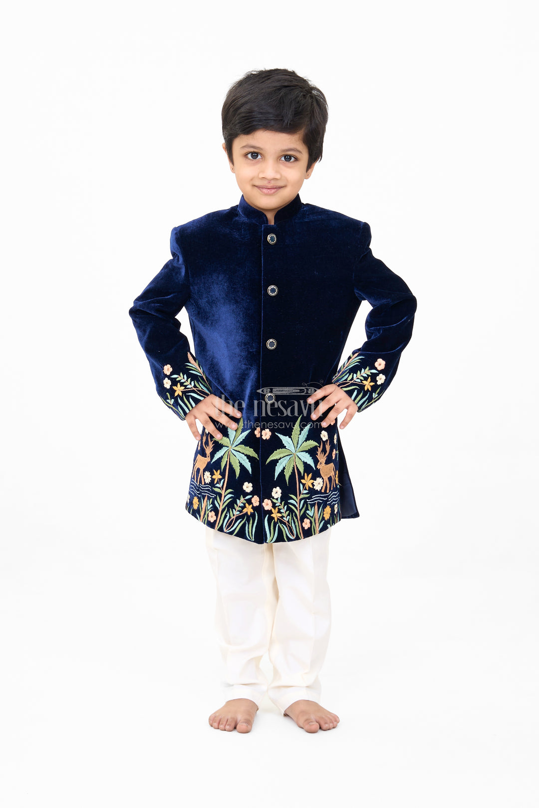 Boys Velvet Kurta Set with Embroidered Jacket and Cream Pants