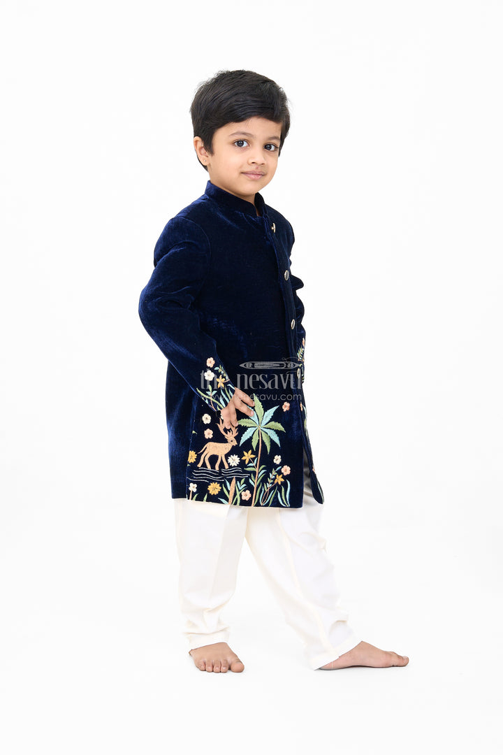 Boys Velvet Kurta Set with Embroidered Jacket and Cream Pants