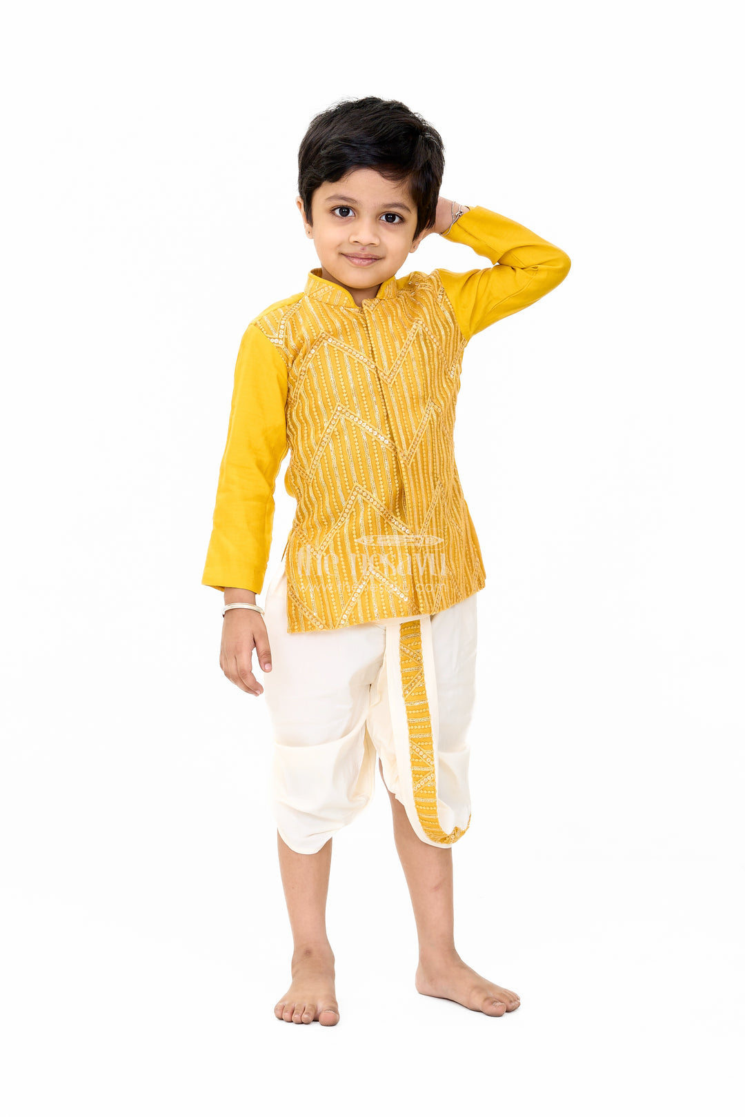 Traditional Boys Mustard Dhoti Shirt Set with Sequin Embellished Design