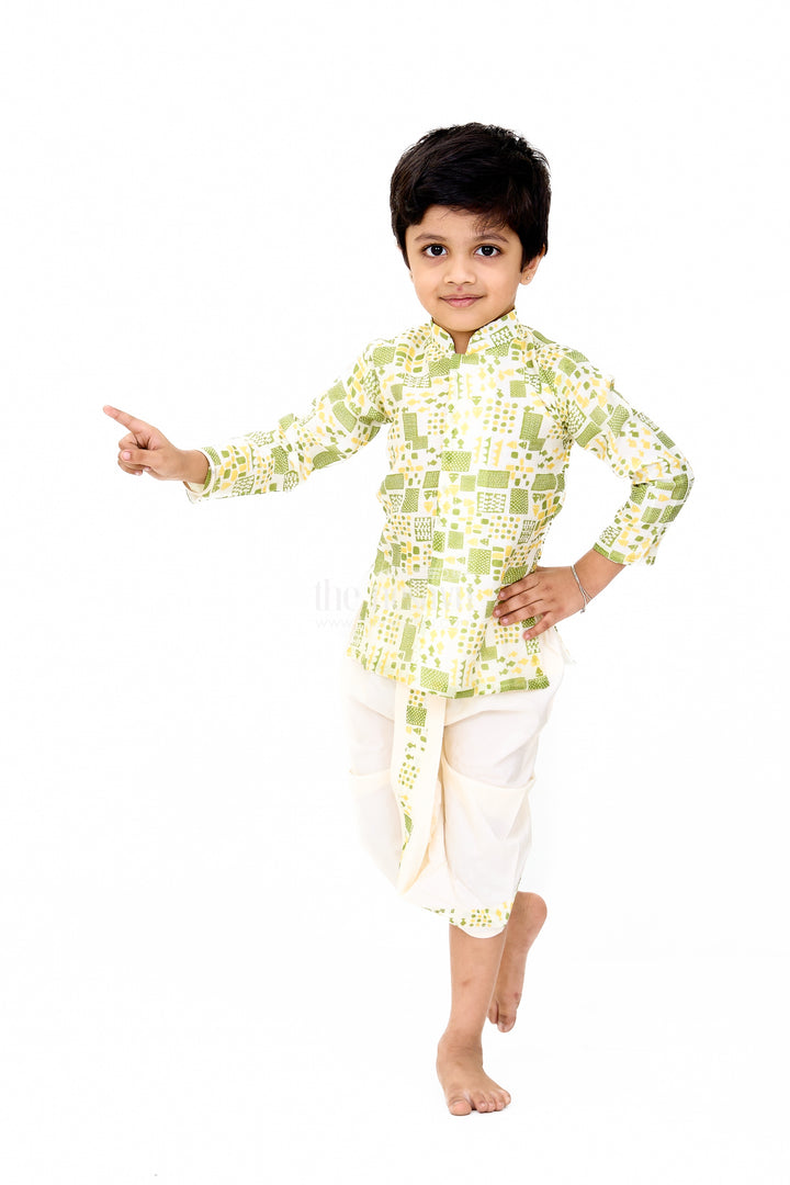 Boys Green Printed Dhoti and Shirt Set with Classic Mandarin Collar