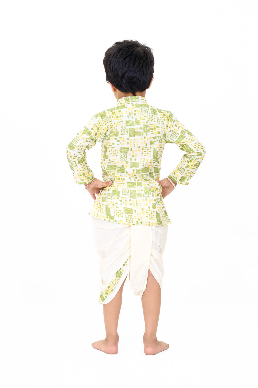 Boys Green Printed Dhoti and Shirt Set with Classic Mandarin Collar