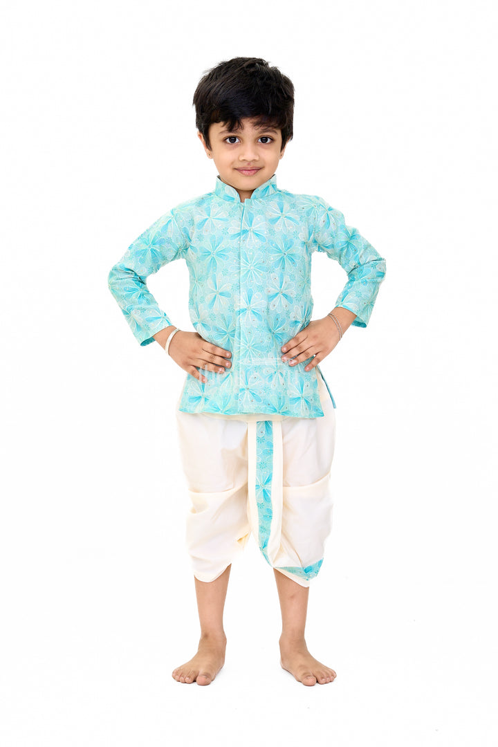 Elegant Boys Green Dhoti Kurta Wedding Set with Floral Embroidery