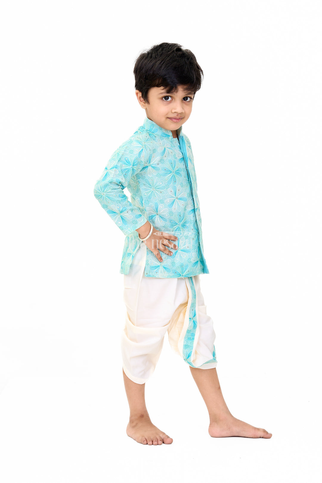 Elegant Boys Green Dhoti Kurta Wedding Set with Floral Embroidery