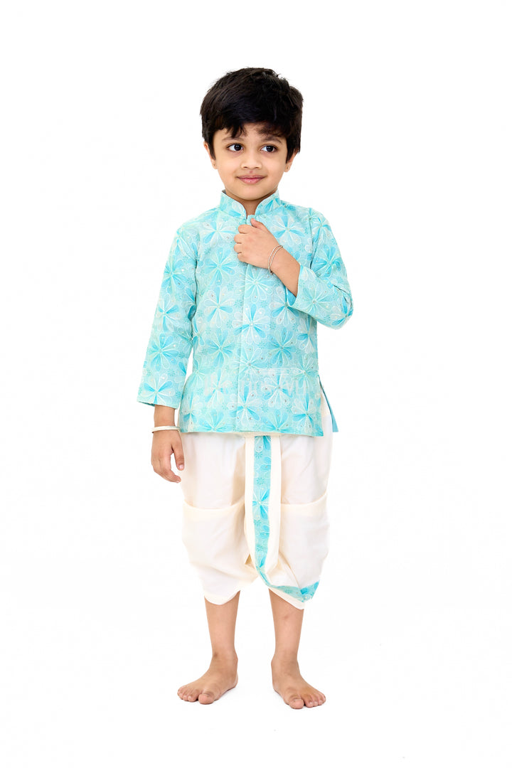 Elegant Boys Green Dhoti Kurta Wedding Set with Floral Embroidery