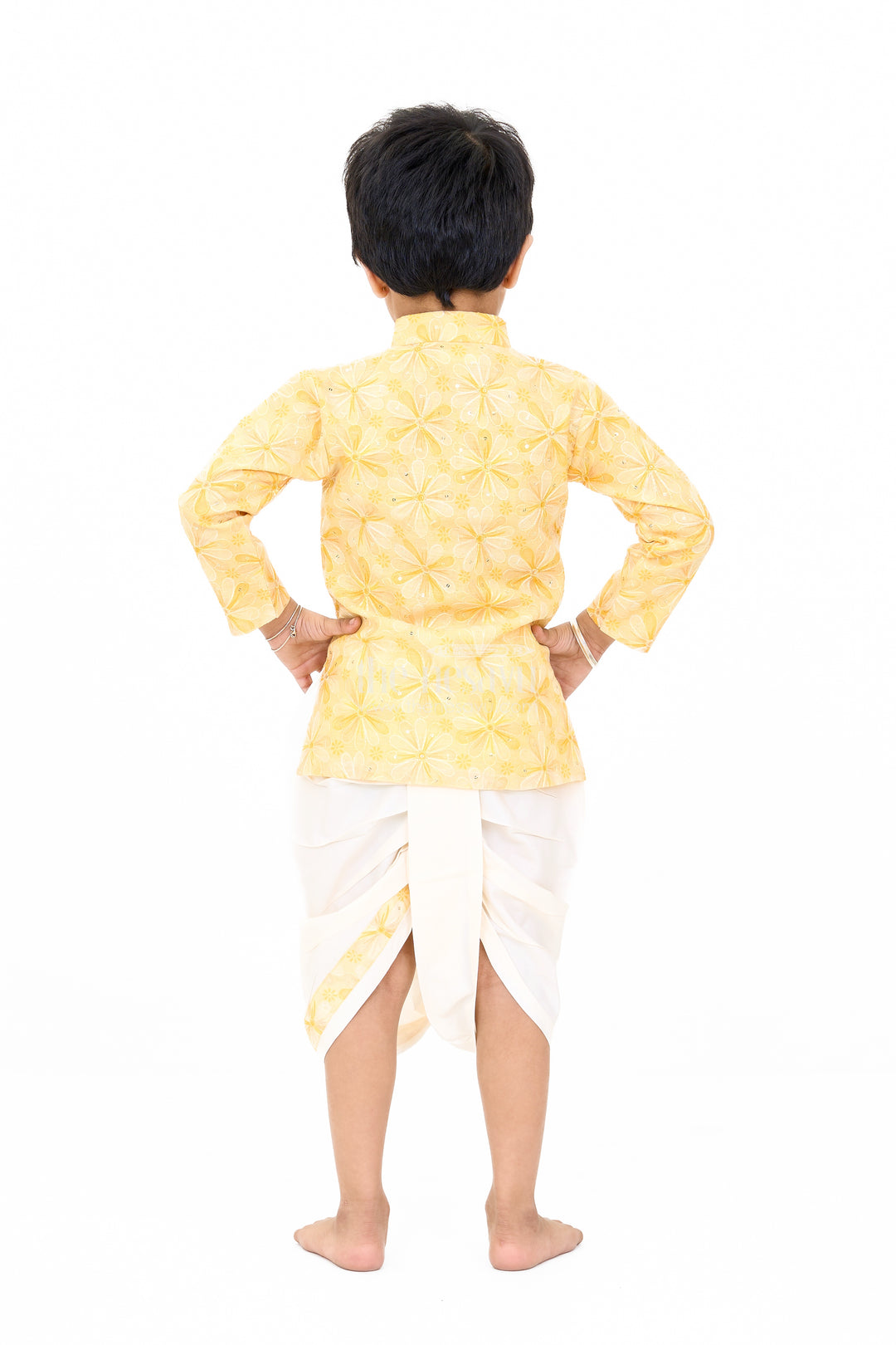 Boys Yellow Embroidered Kurta with White Dhoti for Wedding and Festive Wear