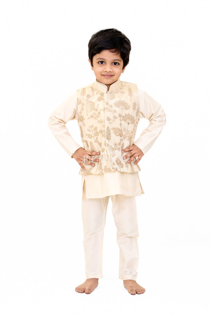 Boys Cream Kurta Set with Embroidered Jacket and Straight Pants for Festive Wear