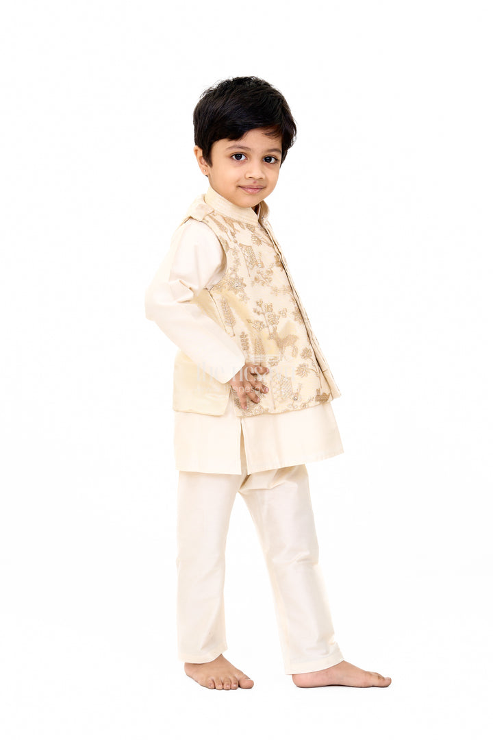 Boys Cream Kurta Set with Embroidered Jacket and Straight Pants for Festive Wear