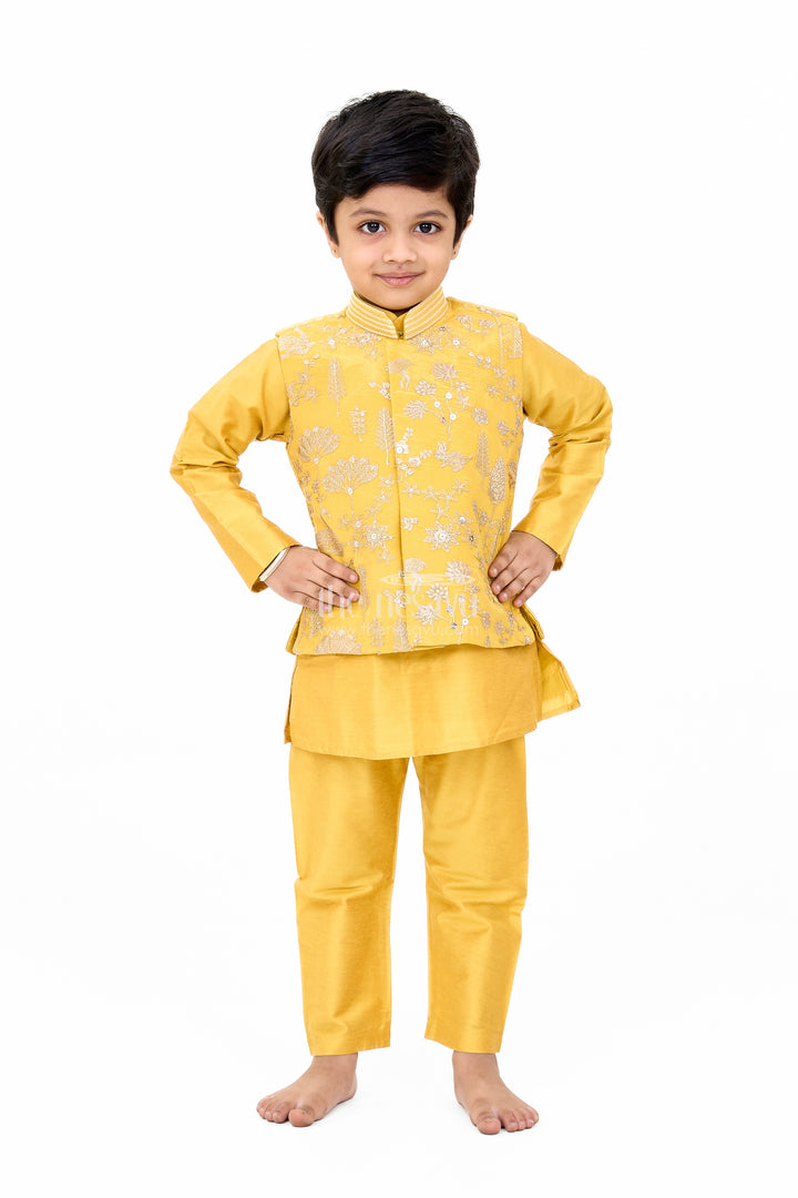 Boys Yellow Kurta Set with Embroidered Jacket and Pants for Traditional Occasions