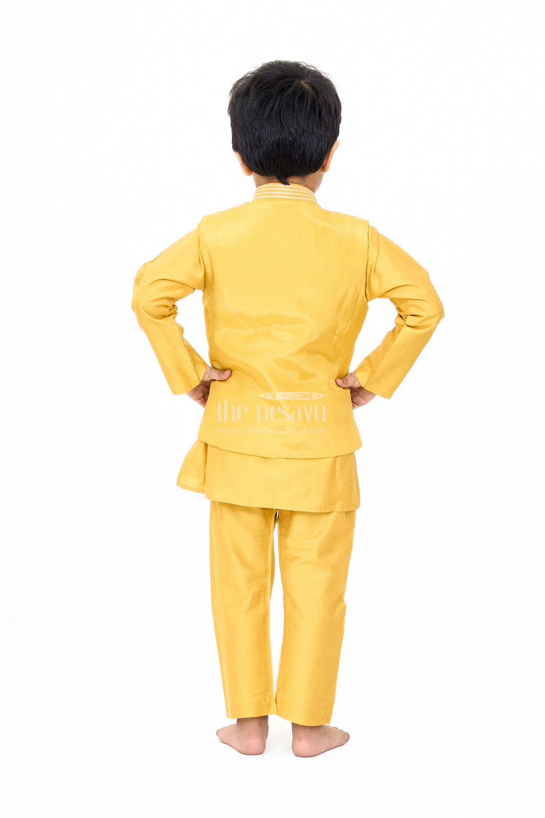 Boys Yellow Kurta Set with Embroidered Jacket and Pants for Traditional Occasions