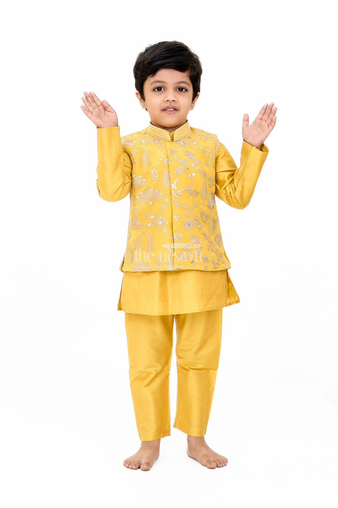 Boys Yellow Kurta Set with Embroidered Jacket and Pants for Traditional Occasions