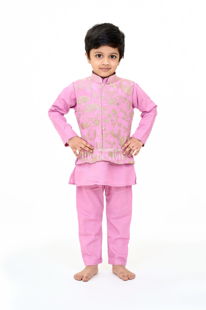 Boys Lavender Cotton Kurta with Embroidered Jacket and Matching Pants for Festive Wear