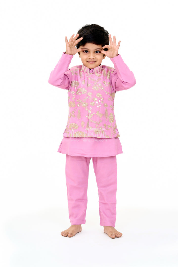 Boys Lavender Cotton Kurta with Embroidered Jacket and Matching Pants for Festive Wear