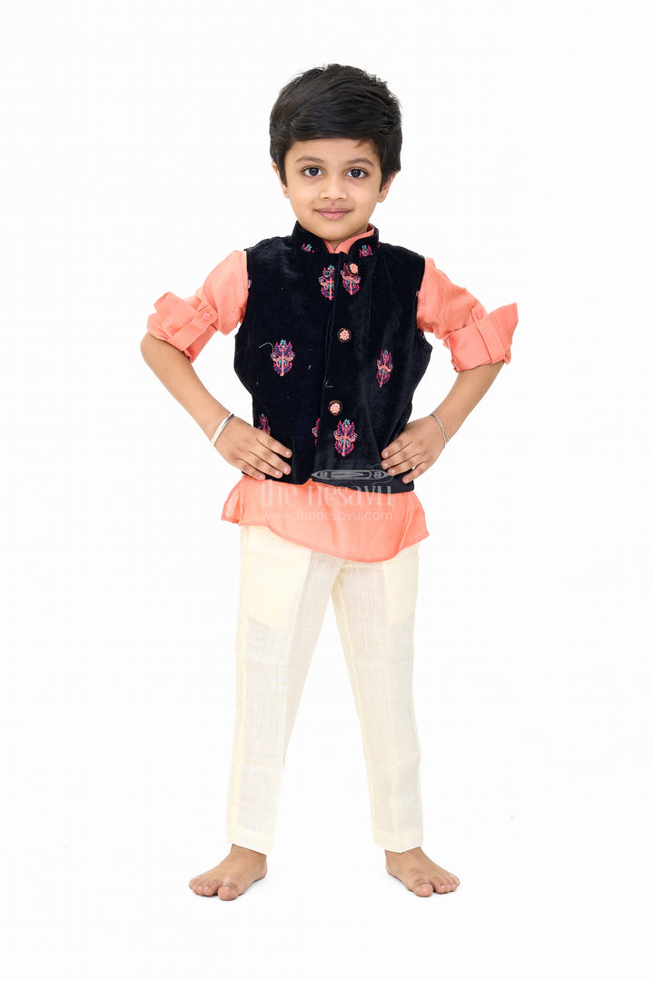 Boys Blue and Peach Kurta Set with Embroidered Nehru Jacket and Cream Pants for Festive Wear