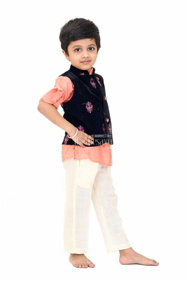 Boys Blue and Peach Kurta Set with Embroidered Nehru Jacket and Cream Pants for Festive Wear