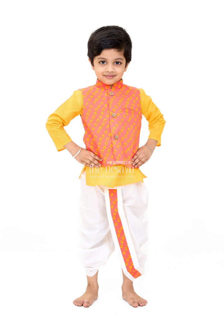 Boys Red and Yellow Wedding Kurta Set with Embroidered Nehru Jacket and Traditional Dhoti