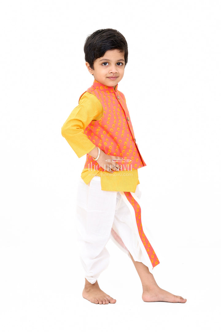 Boys Red and Yellow Wedding Kurta Set with Embroidered Nehru Jacket and Traditional Dhoti