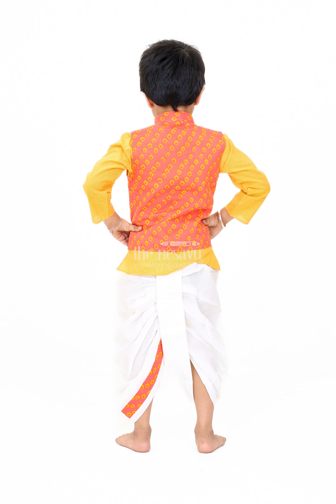 Boys Red and Yellow Wedding Kurta Set with Embroidered Nehru Jacket and Traditional Dhoti