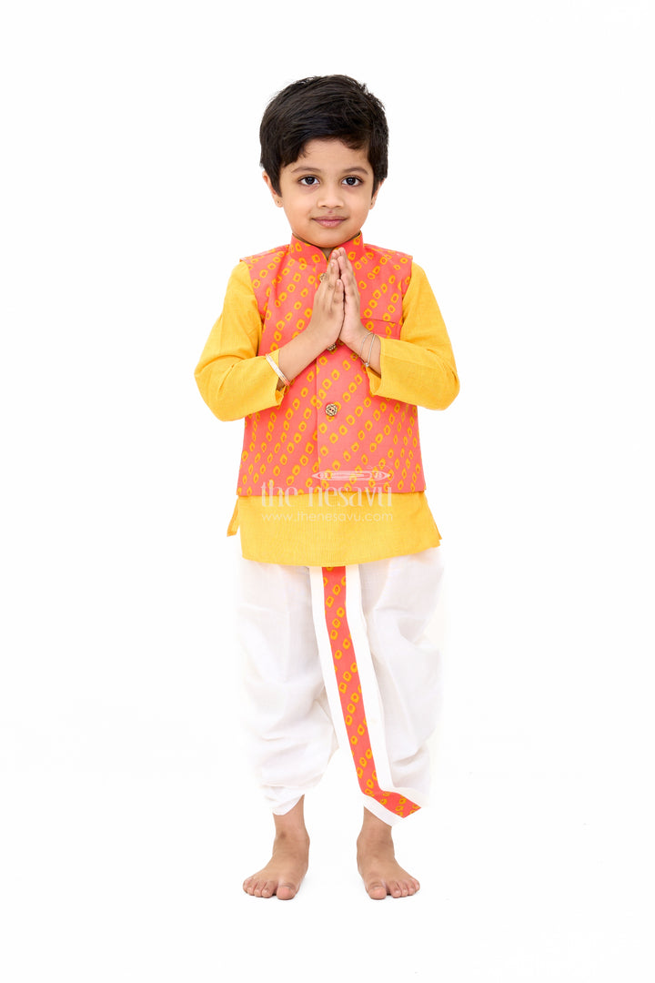 Boys Red and Yellow Wedding Kurta Set with Embroidered Nehru Jacket and Traditional Dhoti