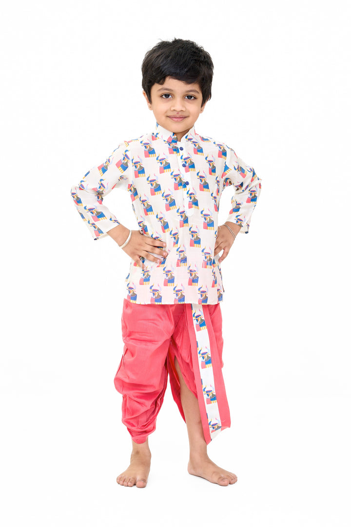 Boys Pink and Cream Dhoti Kurta Set with Printed Design for Traditional Celebrations