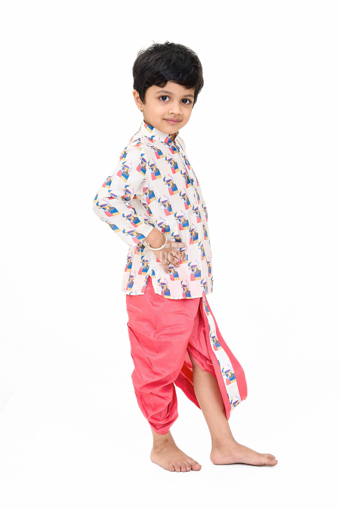 Boys Pink and Cream Dhoti Kurta Set with Printed Design for Traditional Celebrations