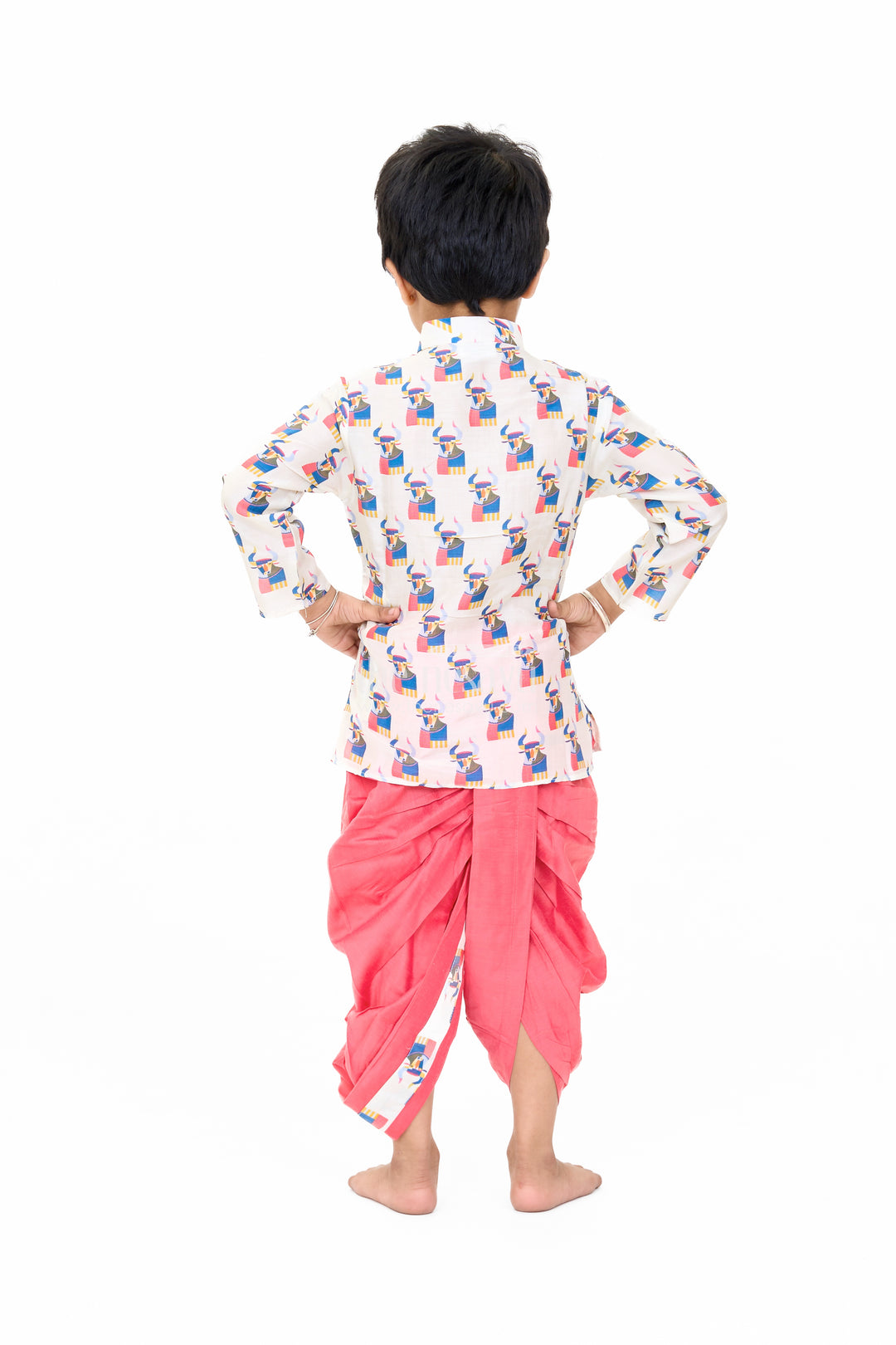 Boys Pink and Cream Dhoti Kurta Set with Printed Design for Traditional Celebrations