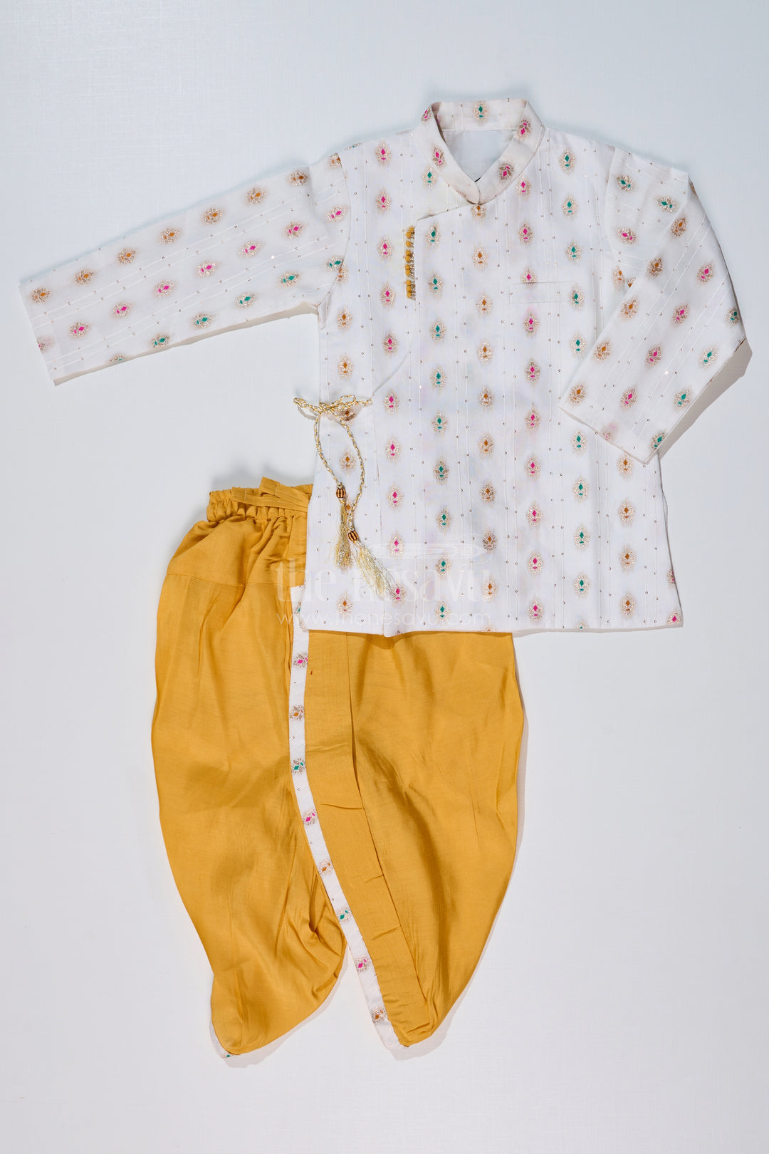 Boys Traditional Dhoti Kurta in White and Yellow with Embroidered Silk Jacket