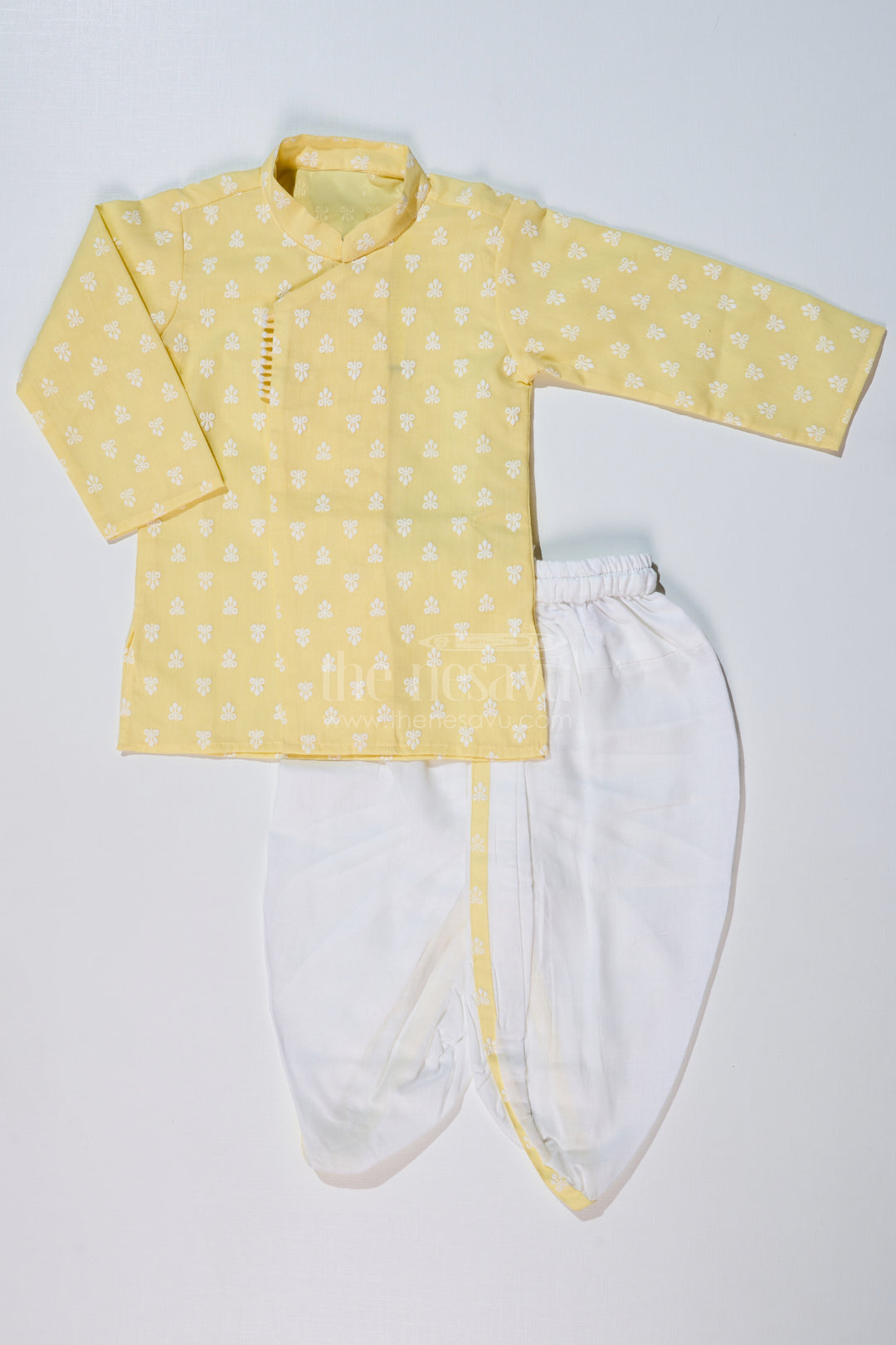 Boys Ethnic Dhoti Kurti Style in Yellow and White with Chikankari Embroidery