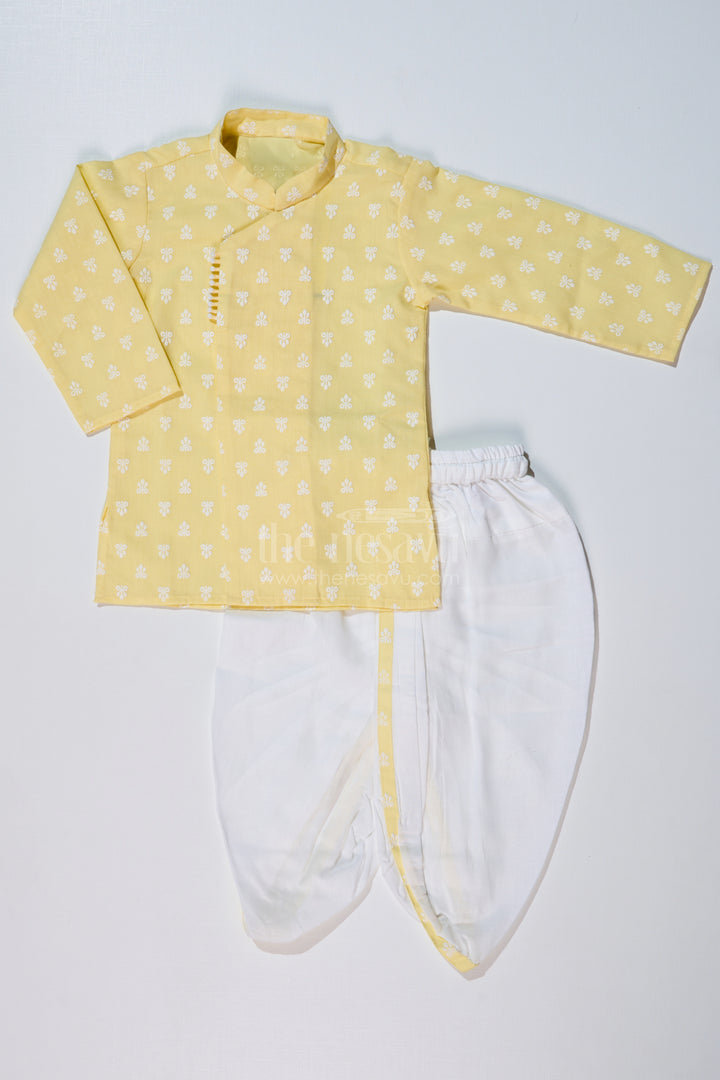 Boys Ethnic Dhoti Kurti Style in Yellow and White with Chikankari Embroidery