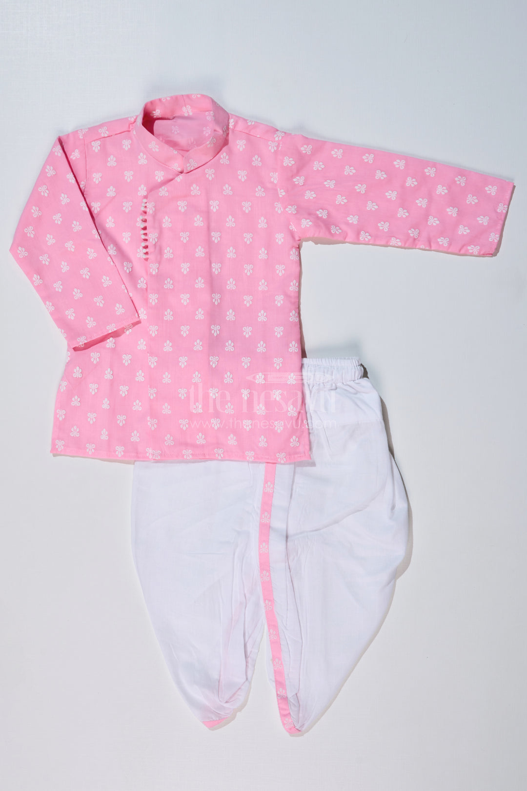 Boys Pink Dhoti Kurta for Pooja with Chikankari Embroidery and White Dhoti