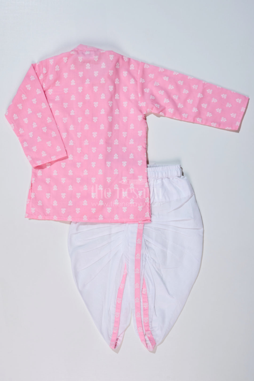 Boys Pink Dhoti Kurta for Pooja with Chikankari Embroidery and White Dhoti