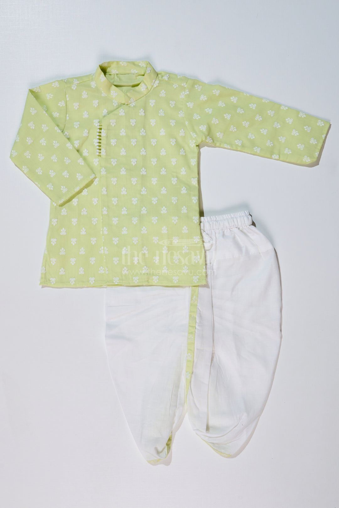 Boys Light Green Shirt with Dhoti in Chikankari Cotton for Festive and Traditional Wear