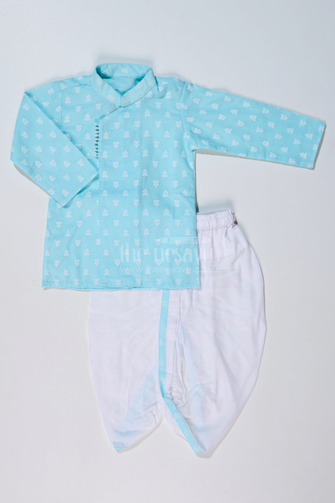 Boys Traditional Dhoti Kurta in Sky Blue Chikankari Cotton with White Dhoti